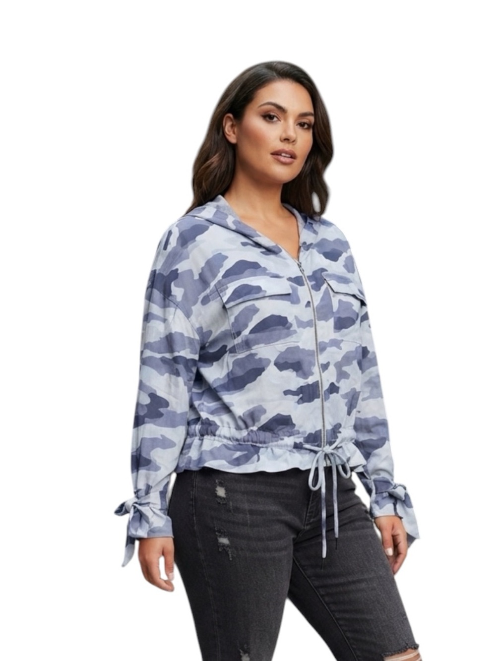Blue Camo Zip-Front Rayon Lightweight Hoodie Jacket NWT Size L